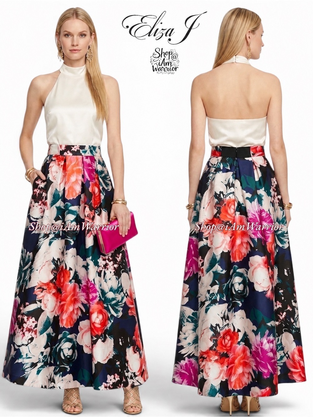 Eliza J. magenta & coral floral maxi ball skirt with pockets *shop@iamwarrior